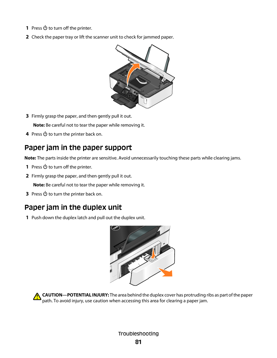 Dell P513w manual Paper jam in the paper support, Paper jam in the duplex unit 