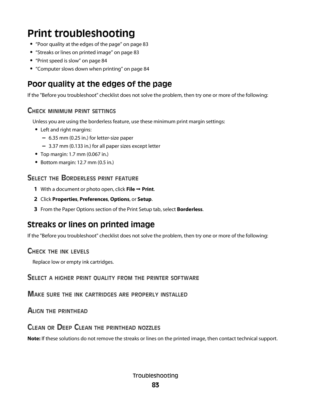 Dell P513w manual Print troubleshooting, Poor quality at the edges, Streaks or lines on printed image 