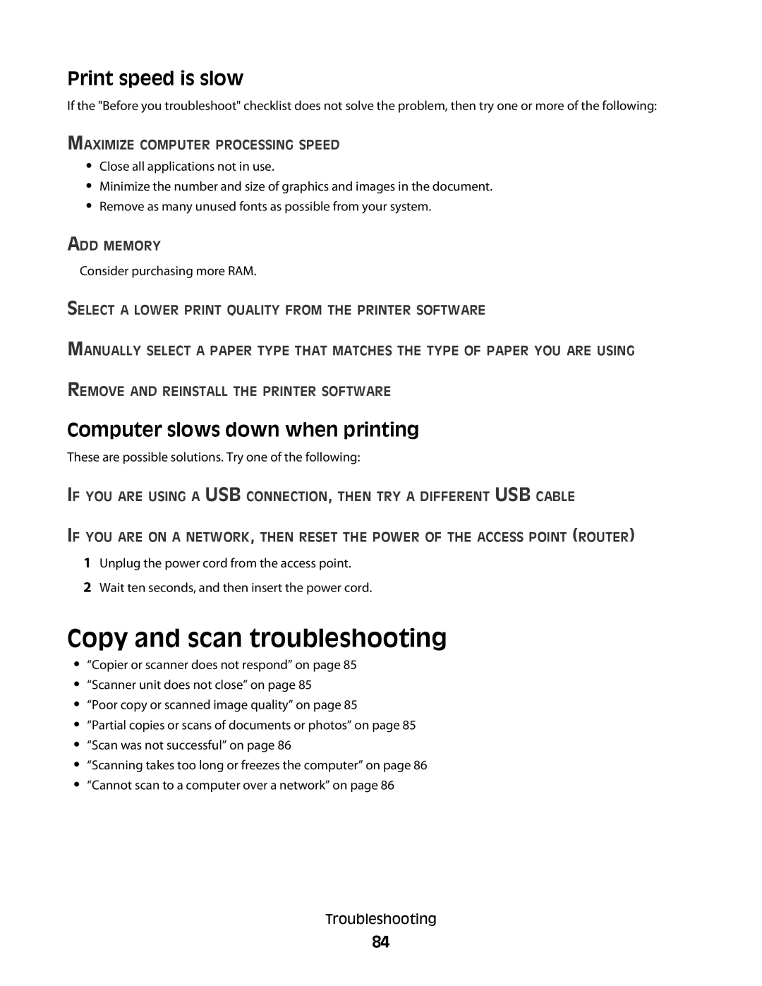 Dell P513w manual Copy and scan troubleshooting, Print speed is slow, Computer slows down when printing, ADD Memory 