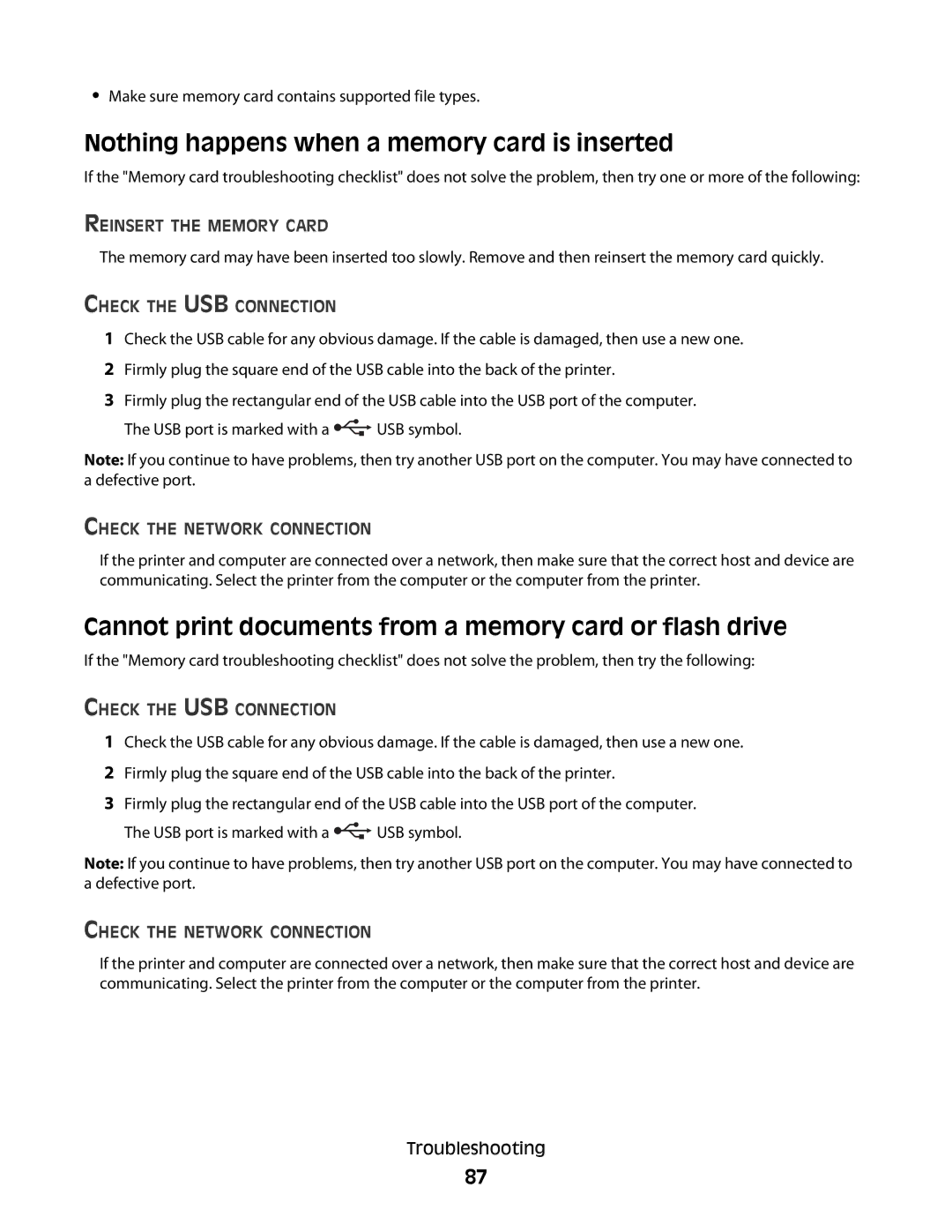 Dell P513w manual Nothing happens when a memory card is inserted, Cannot print documents from a memory card or flash drive 