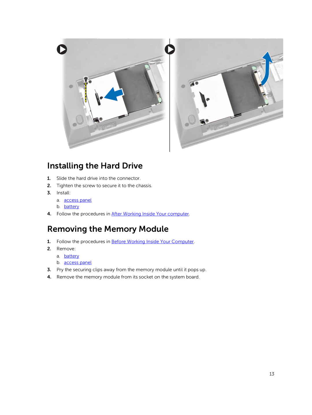 Dell P52G owner manual Installing the Hard Drive, Removing the Memory Module 