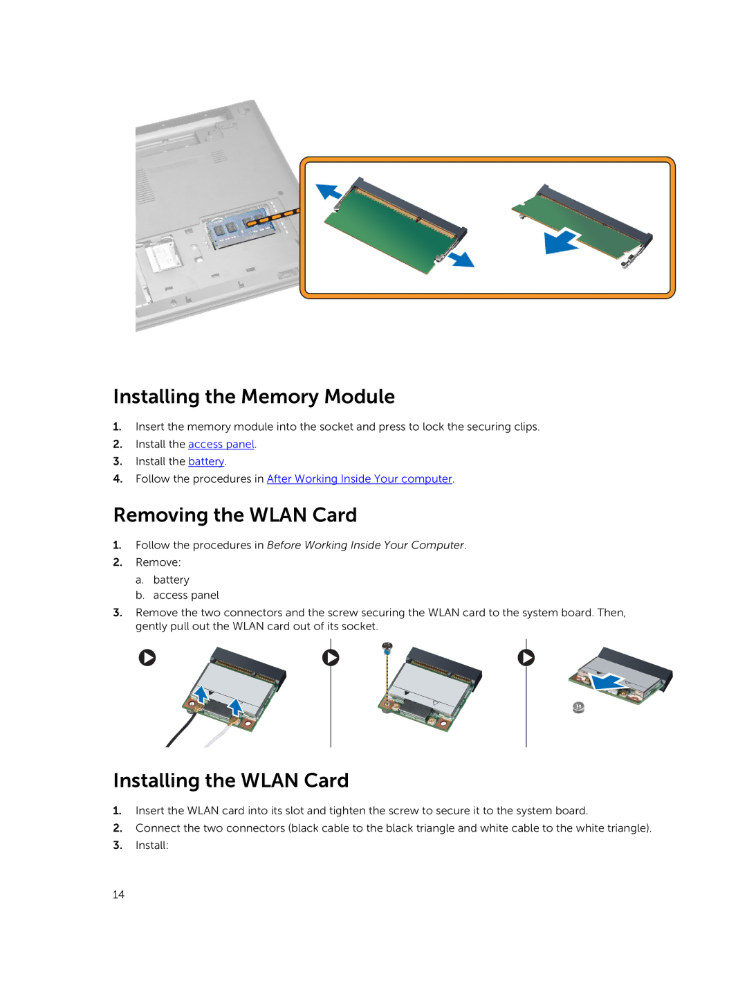 Dell P52G owner manual Installing the Memory Module, Removing the Wlan Card, Installing the Wlan Card 