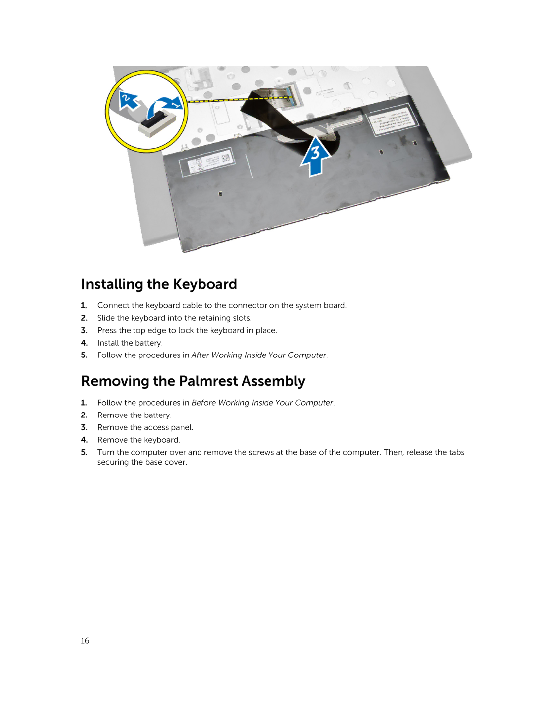 Dell P52G owner manual Installing the Keyboard, Removing the Palmrest Assembly 