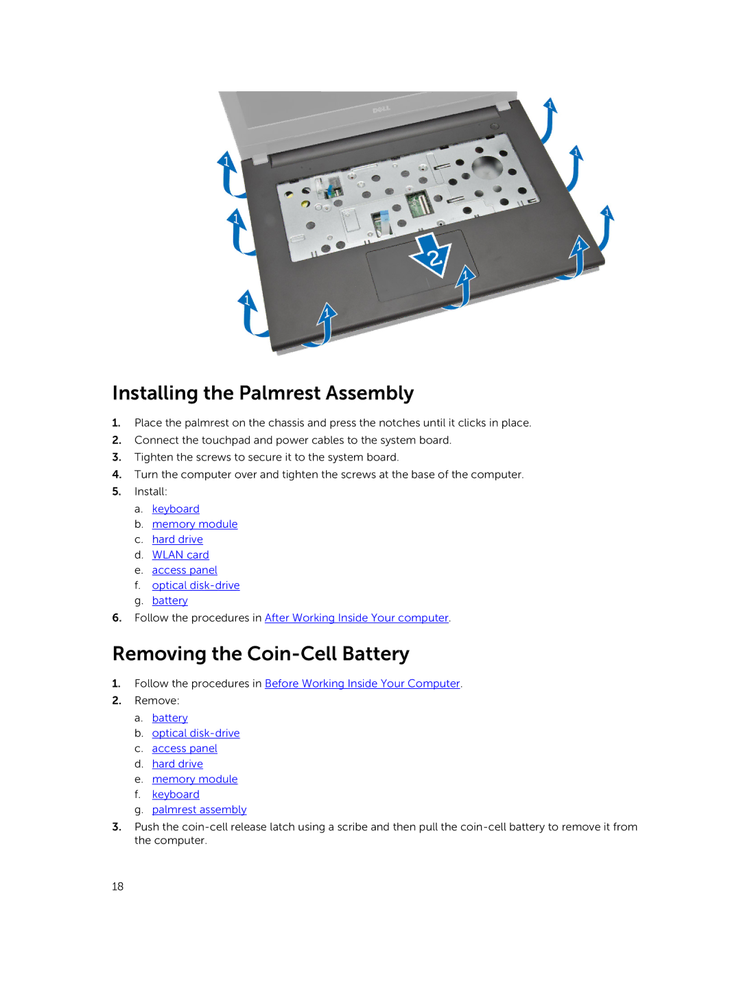 Dell P52G owner manual Installing the Palmrest Assembly, Removing the Coin-Cell Battery 