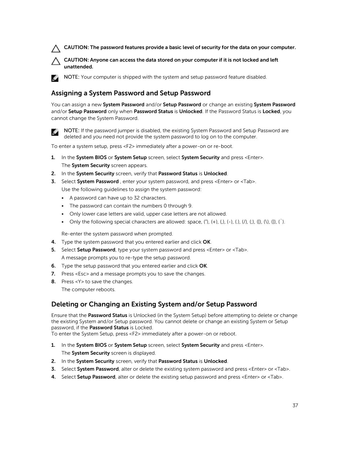 Dell P52G owner manual Assigning a System Password and Setup Password 