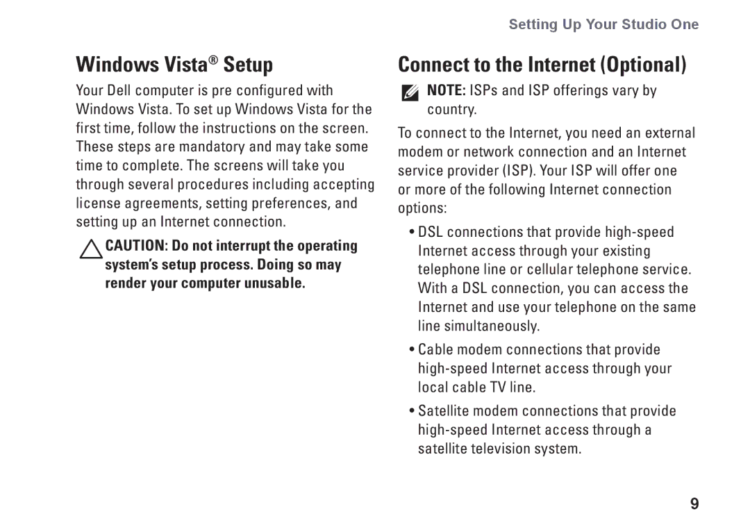 Dell 1909, P687X, MTF setup guide Windows Vista Setup, Connect to the Internet Optional 