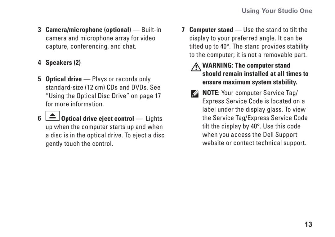 Dell P687X, MTF, 1909 setup guide Speakers, Using Your Studio One 