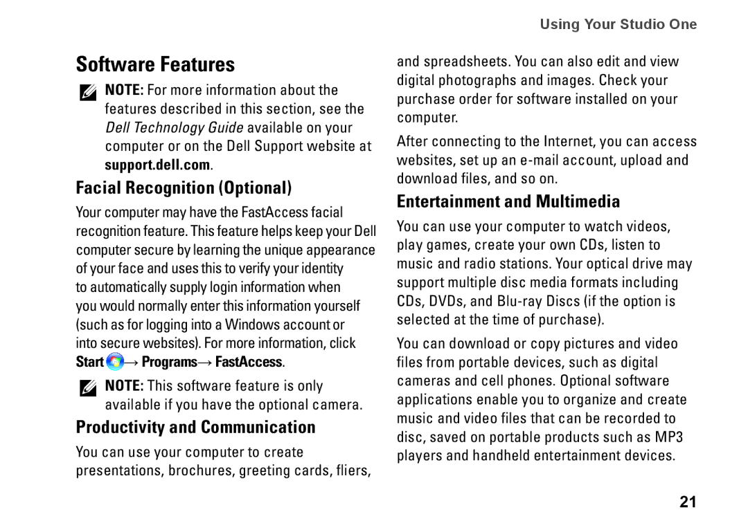 Dell 1909 Software Features, Facial Recognition Optional, Productivity and Communication, Entertainment and Multimedia 