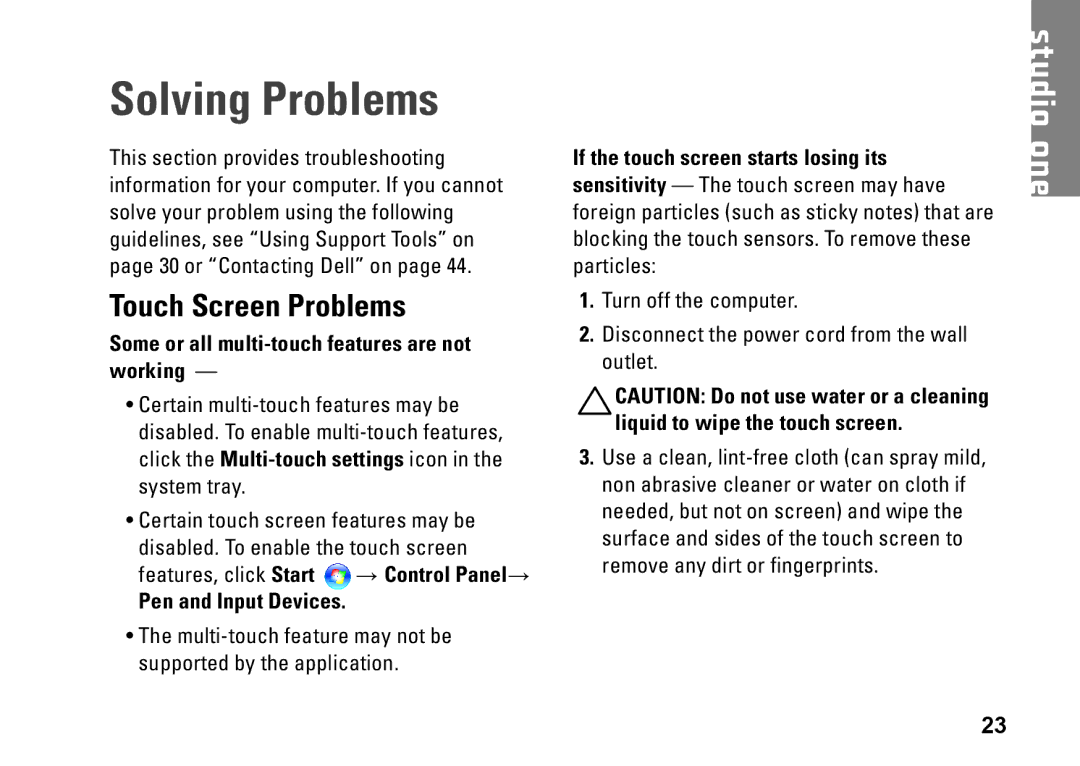 Dell MTF Solving Problems, Touch Screen Problems, Some or all multi-touch features are not working, Pen and Input Devices 