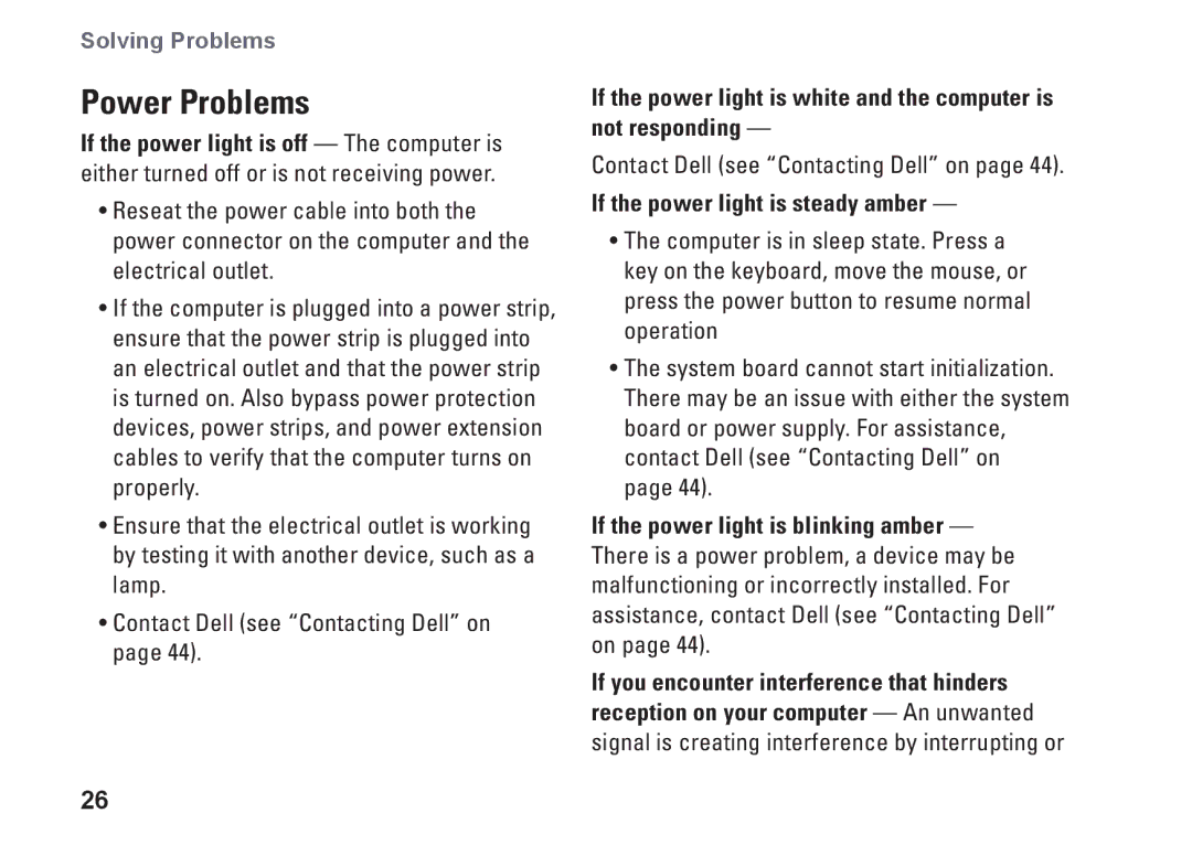 Dell MTF, P687X, 1909 setup guide Power Problems, If the power light is steady amber 