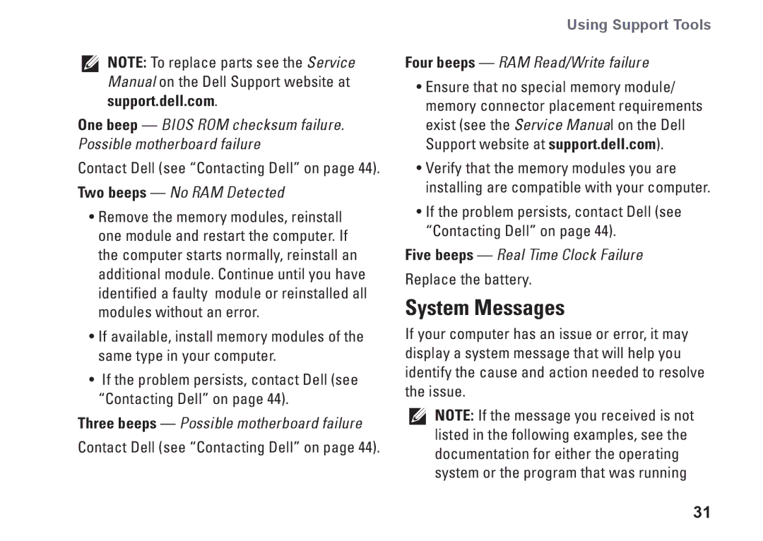 Dell P687X, MTF, 1909 setup guide System Messages, Two beeps No RAM Detected 