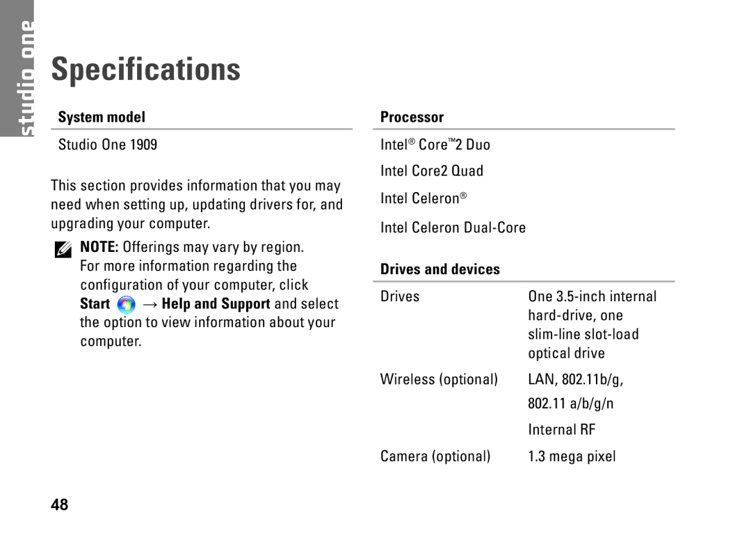 Dell 1909, P687X, MTF setup guide Specifications, System model, Drives and devices 