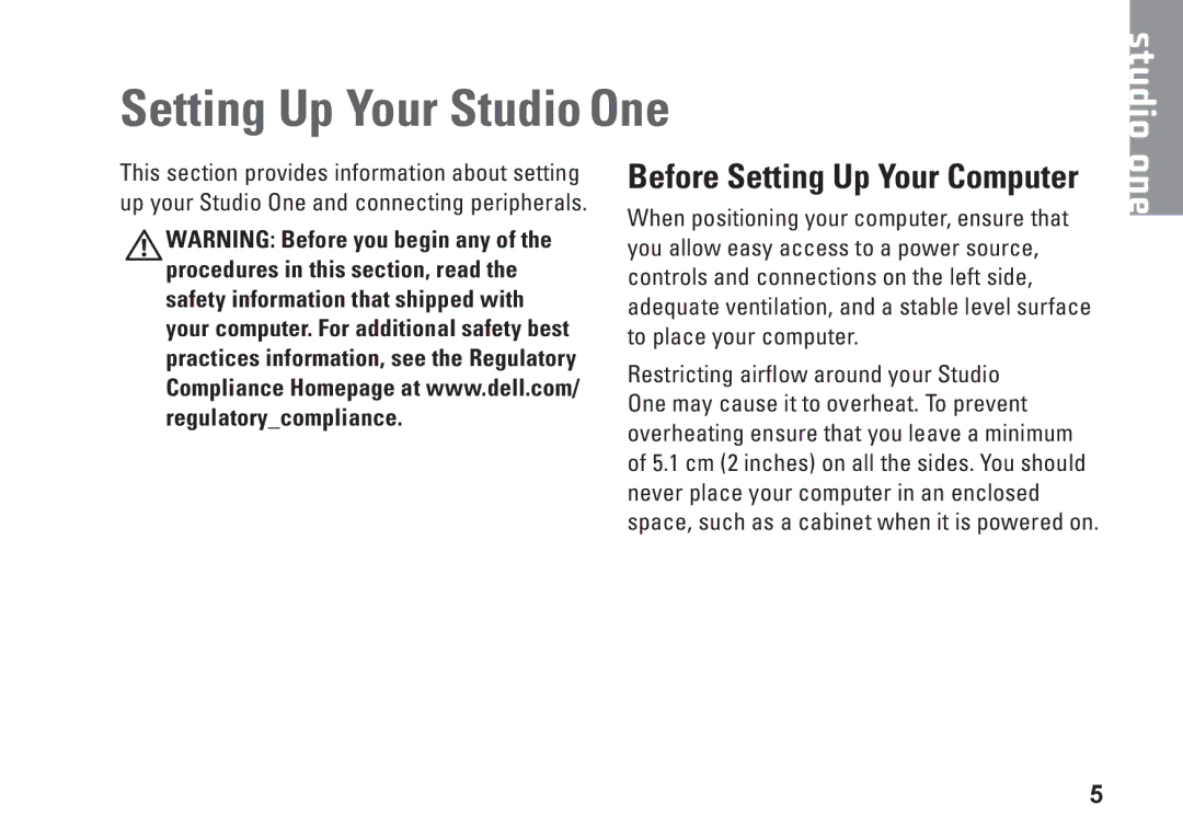 Dell MTF, P687X, 1909 setup guide Setting Up Your Studio One, Before Setting Up Your Computer 