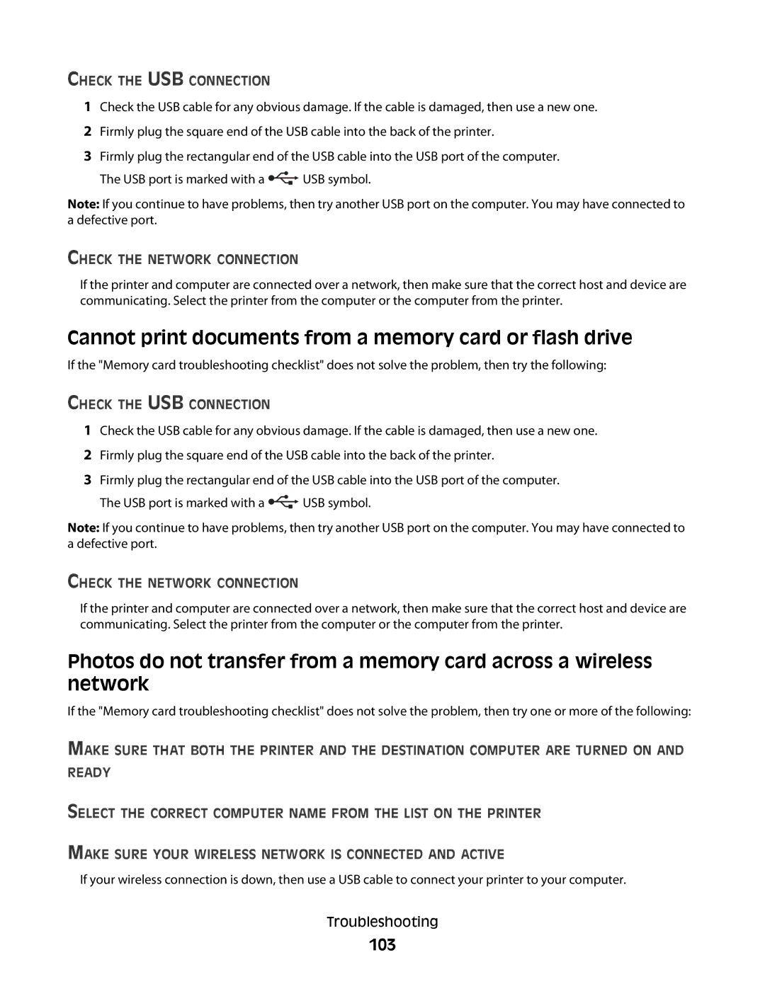 Dell P713w manual Cannot print documents from a memory card or flash drive, 103, Check the Network Connection 