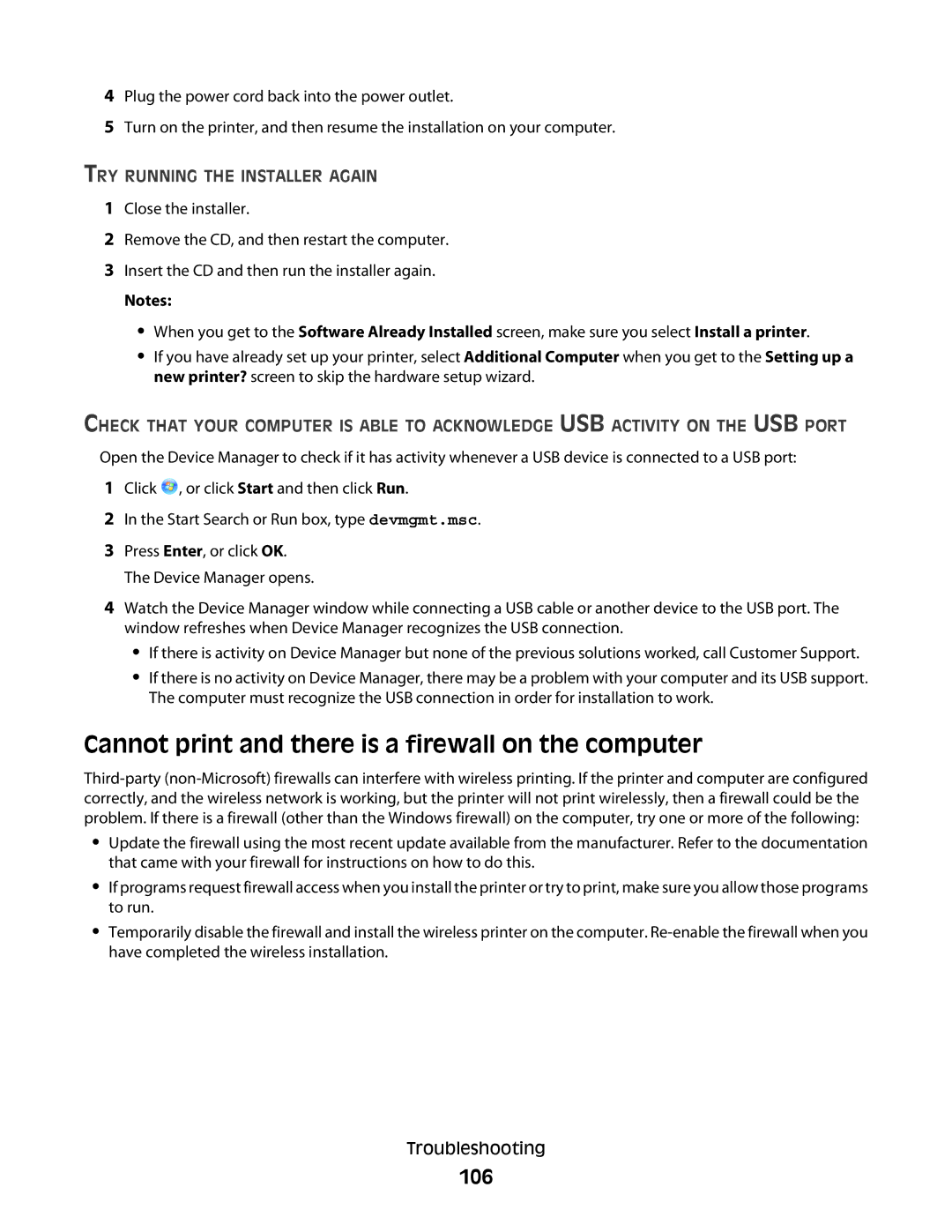 Dell P713w manual Cannot print and there is a firewall on the computer, 106, TRY Running the Installer Again 