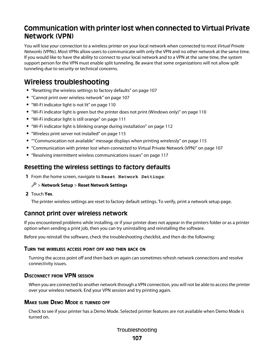 Dell P713w manual Wireless troubleshooting, Resetting the wireless settings to factory defaults, 107 