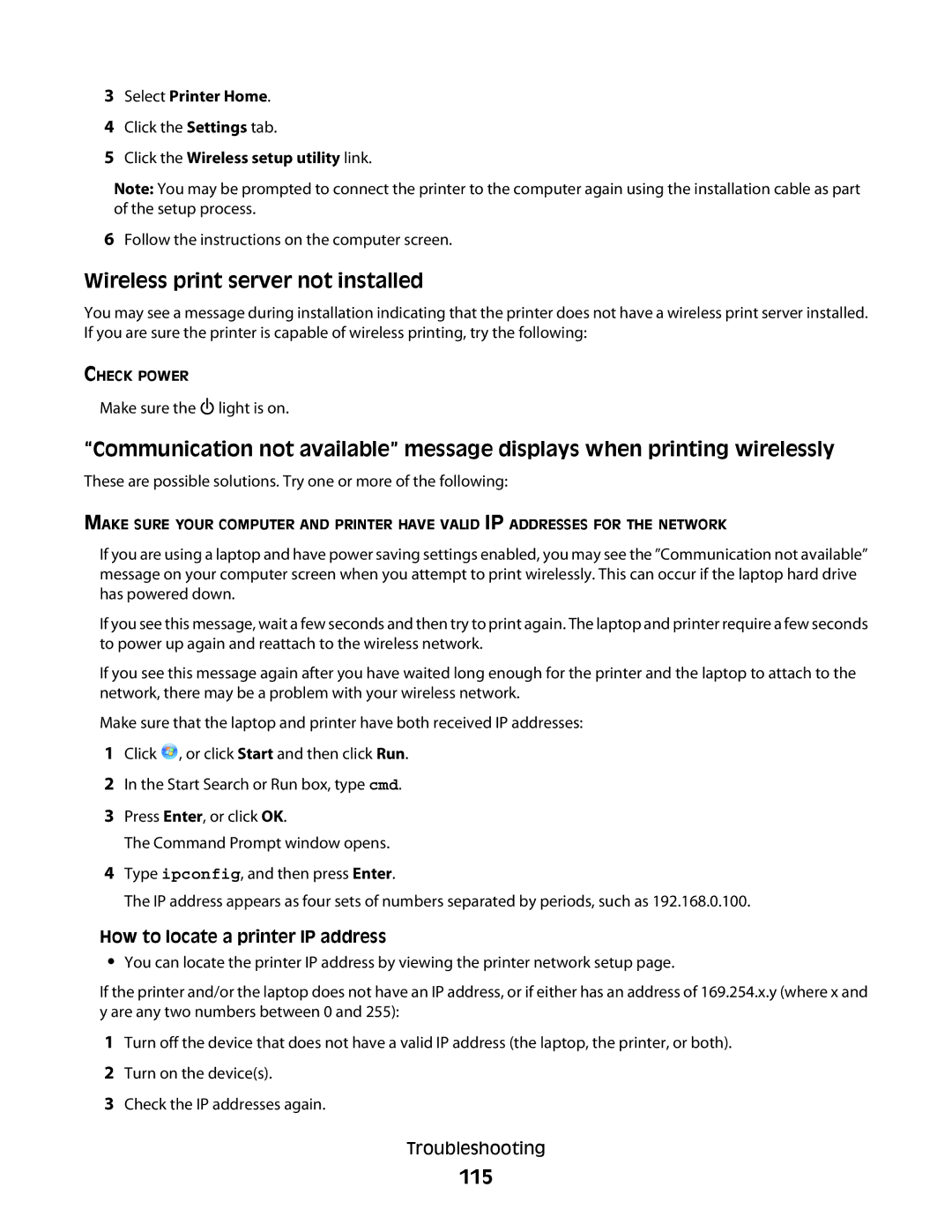 Dell P713w manual Wireless print server not installed, 115, How to locate a printer IP address 