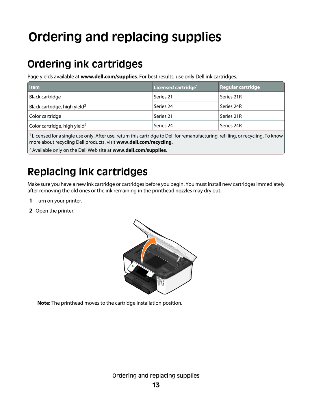 Dell P713w manual Ordering and replacing supplies, Ordering ink cartridges, Replacing ink cartridges 