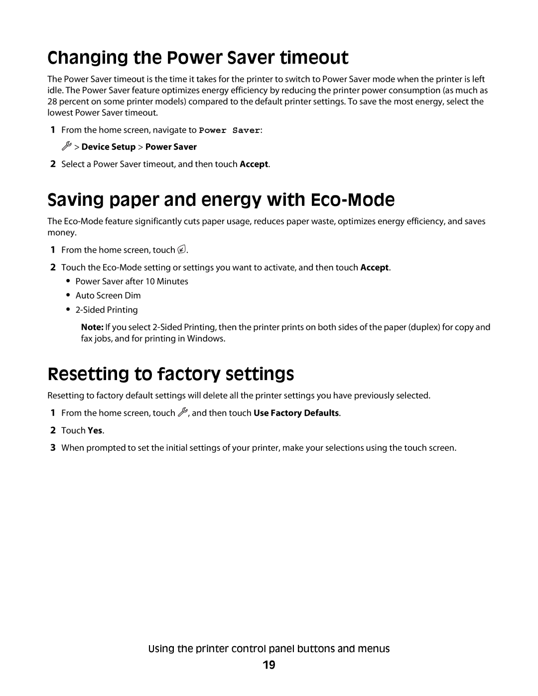 Dell P713w manual Changing the Power Saver timeout, Saving paper and energy with Eco-Mode, Resetting to factory settings 