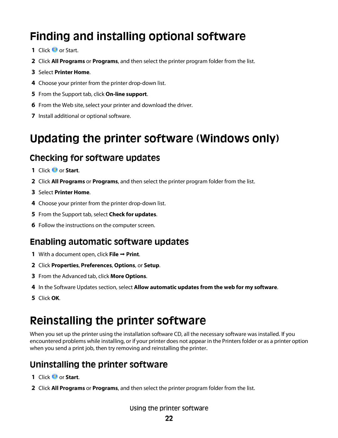 Dell P713w manual Finding and installing optional software, Updating the printer software Windows only 