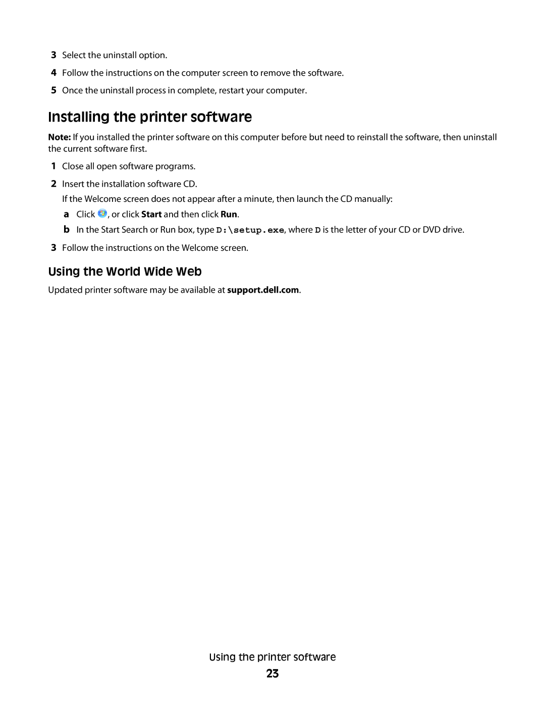 Dell P713w manual Installing the printer software, Using the World Wide Web 