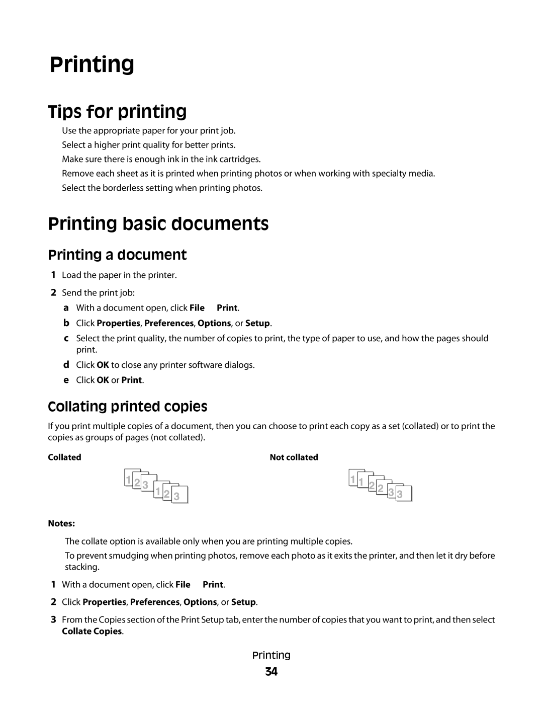 Dell P713w manual Tips for printing, Printing basic documents, Printing a document, Collating printed copies 