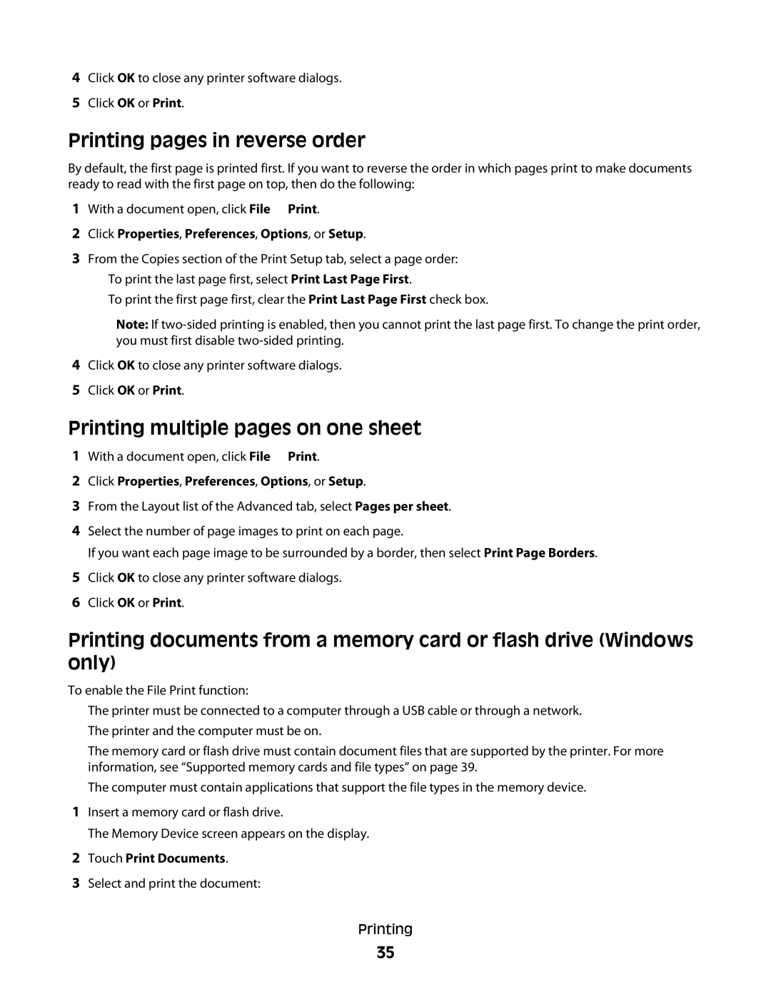 Dell P713w manual Printing pages in reverse order, Printing multiple pages on one sheet, Touch Print Documents 