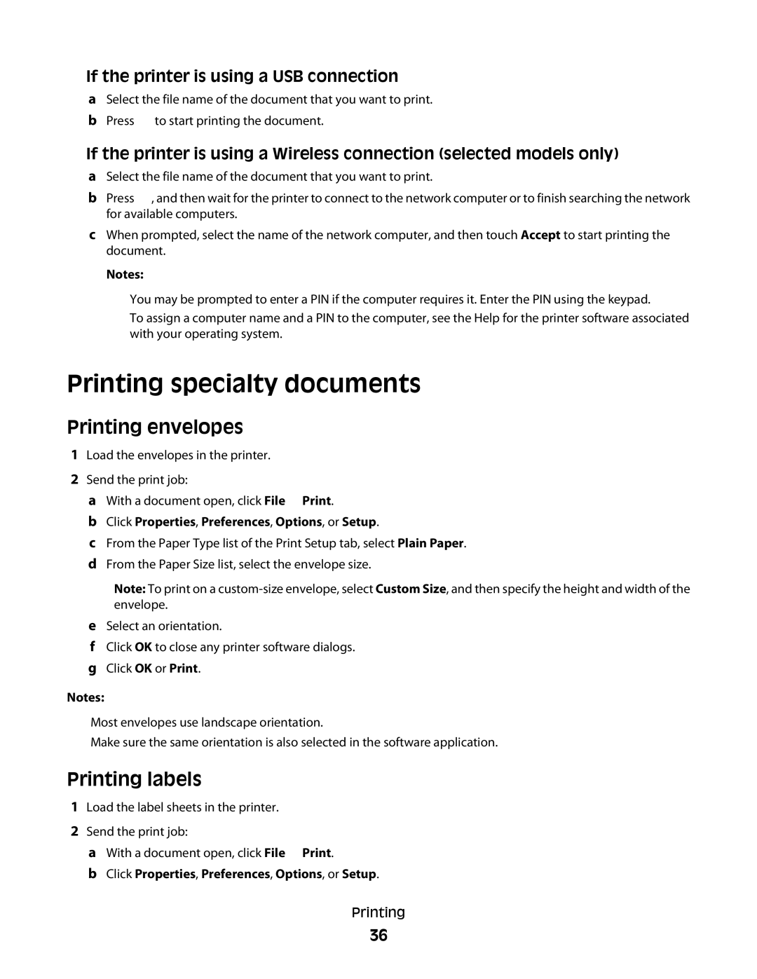 Dell P713w Printing specialty documents, Printing envelopes, Printing labels, If the printer is using a USB connection 