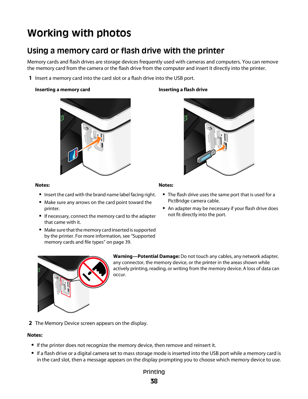 Dell P713w manual Working with photos, Using a memory card or flash drive with the printer 