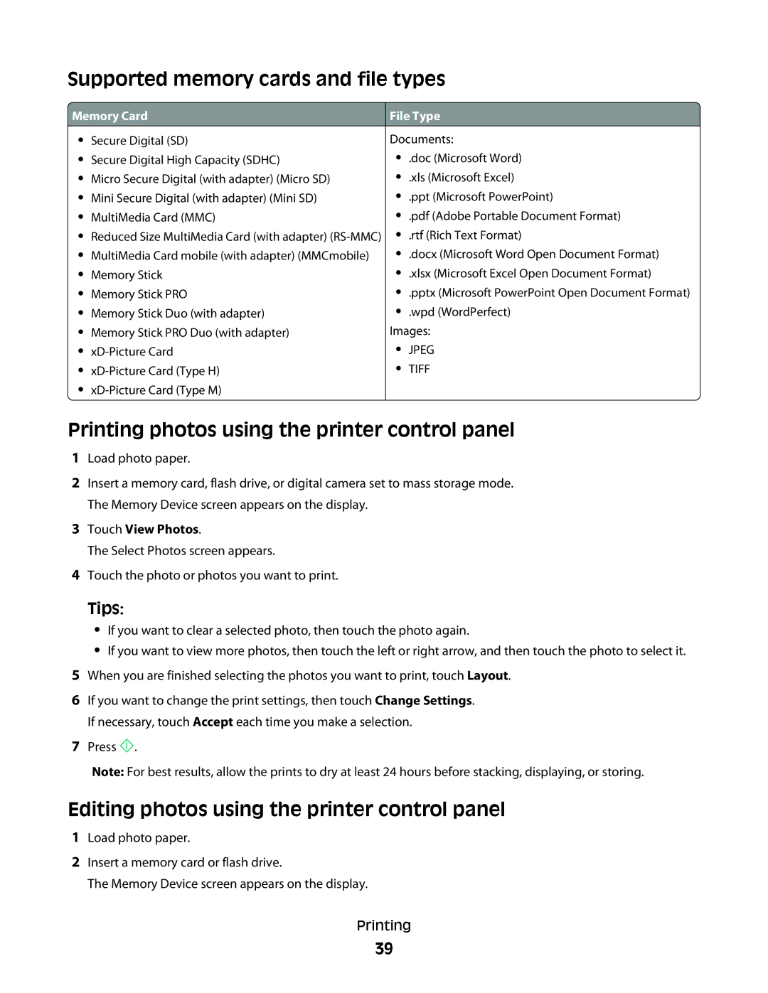 Dell P713w Supported memory cards and file types, Printing photos using the printer control panel, Tips, Touch View Photos 