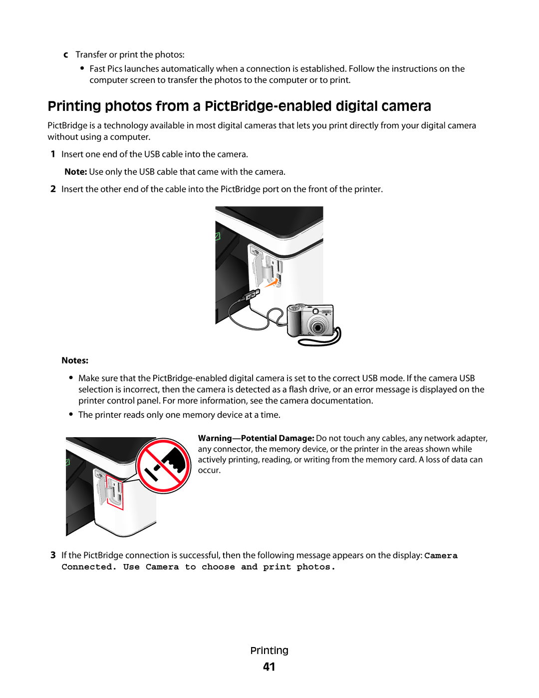 Dell P713w Printing photos from a PictBridge-enabled digital camera, Connected. Use Camera to choose and print photos 