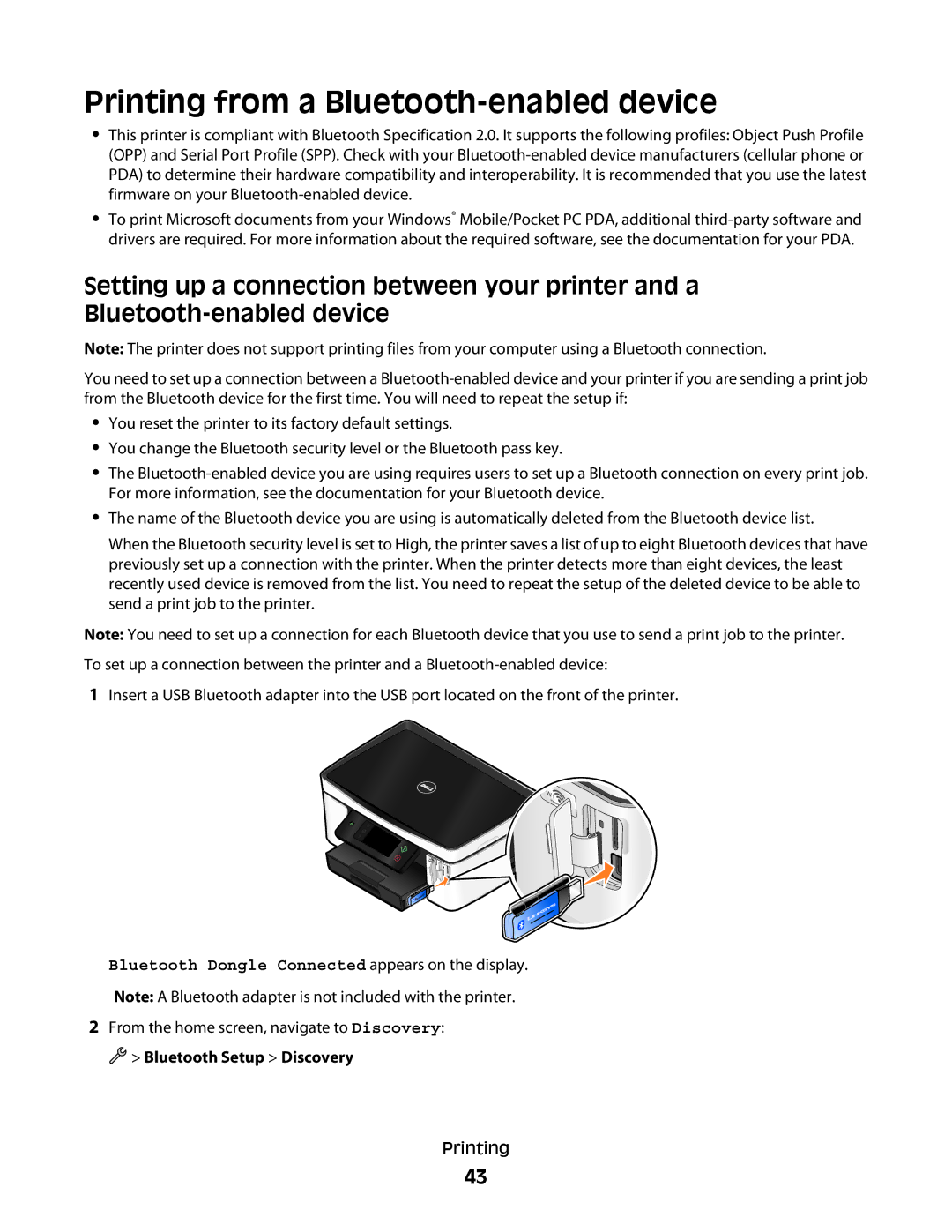 Dell P713w manual Printing from a Bluetooth-enabled device, Bluetooth Setup Discovery 