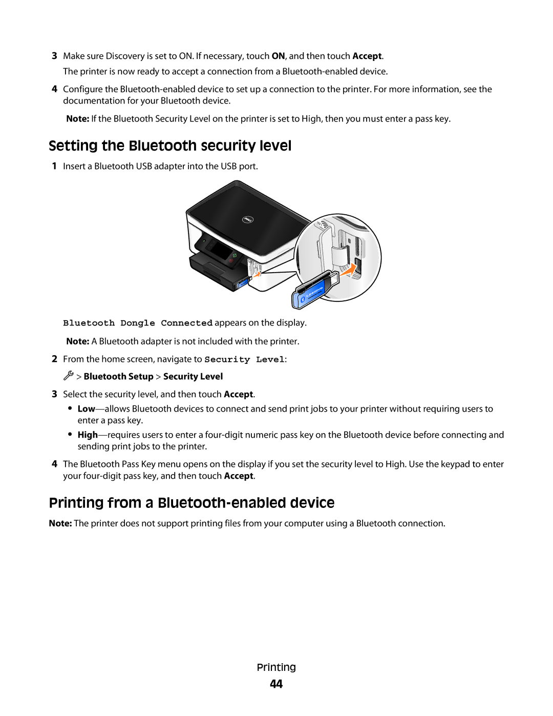 Dell P713w Setting the Bluetooth security level, Printing from a Bluetooth-enabled device, Bluetooth Setup Security Level 