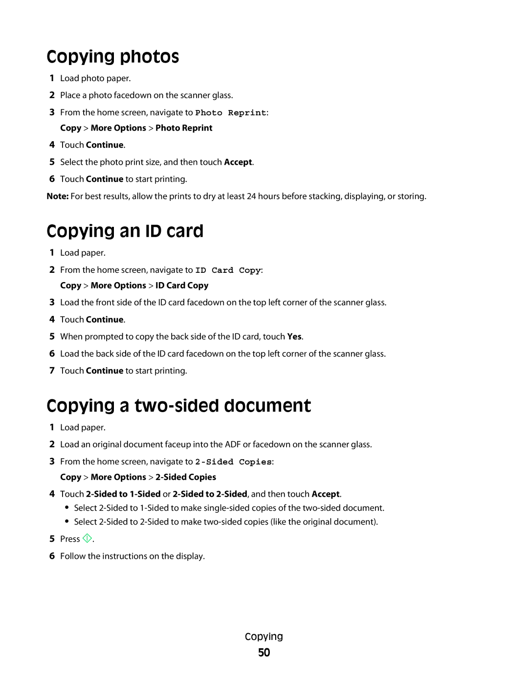 Dell P713w manual Copying photos, Copying an ID card, Copying a two-sided document, Touch Continue 