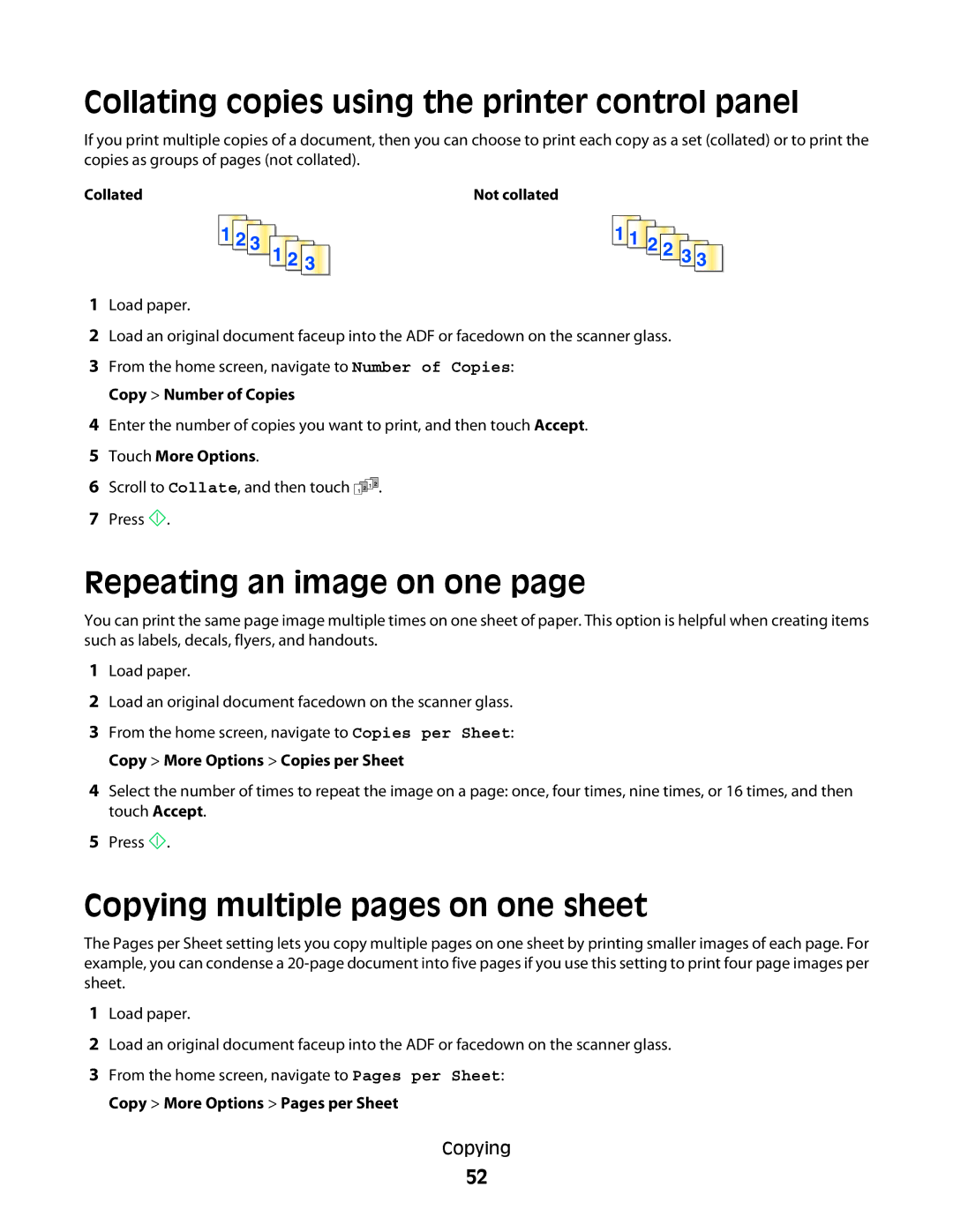 Dell P713w manual Collating copies using the printer control panel, Repeating an image on one 