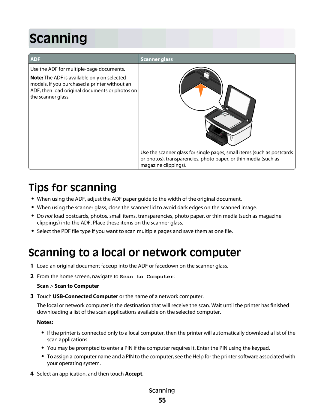 Dell P713w manual Tips for scanning, Scanning to a local or network computer 