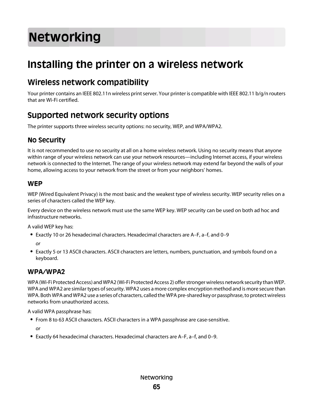 Dell P713w manual Networking, Installing the printer on a wireless network, Wireless network compatibility, No Security 