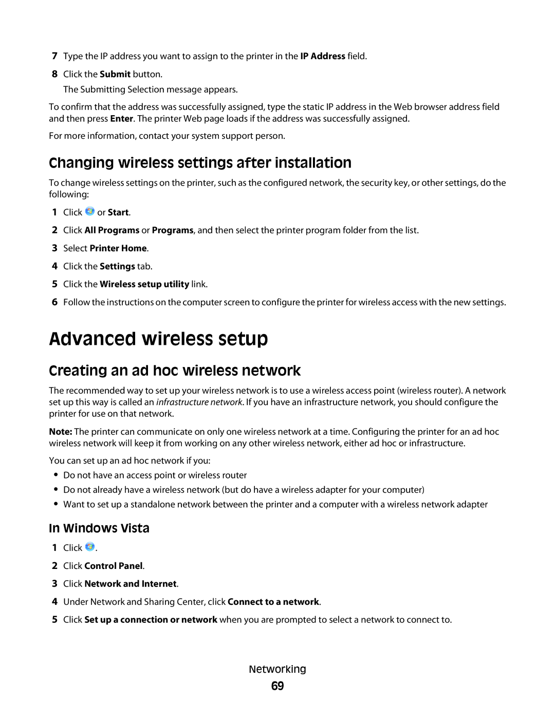 Dell P713w Advanced wireless setup, Changing wireless settings after installation, Creating an ad hoc wireless network 