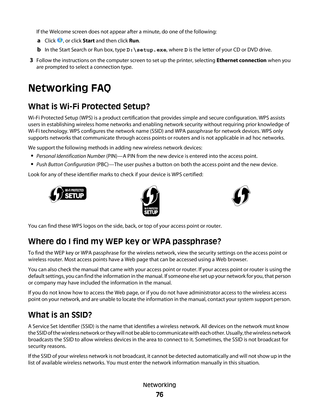 Dell P713w Networking FAQ, What is Wi-Fi Protected Setup?, Where do I find my WEP key or WPA passphrase?, What is an SSID? 