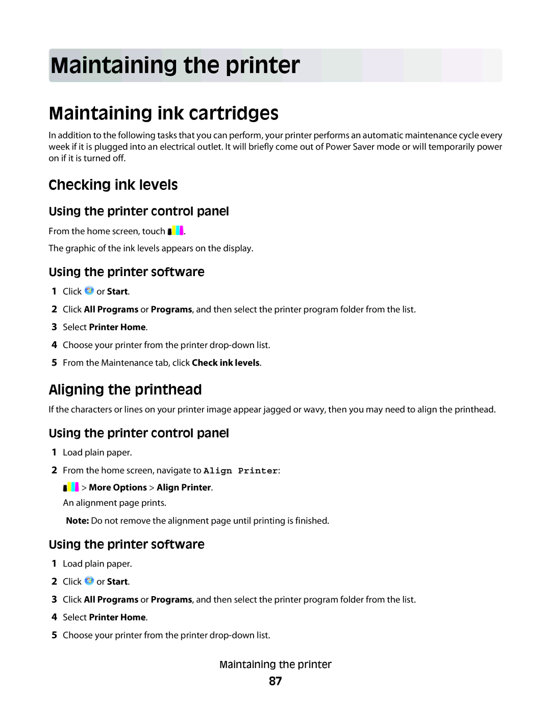 Dell P713w manual Maintaining the printer, Maintaining ink cartridges, Checking ink levels, Aligning the printhead 