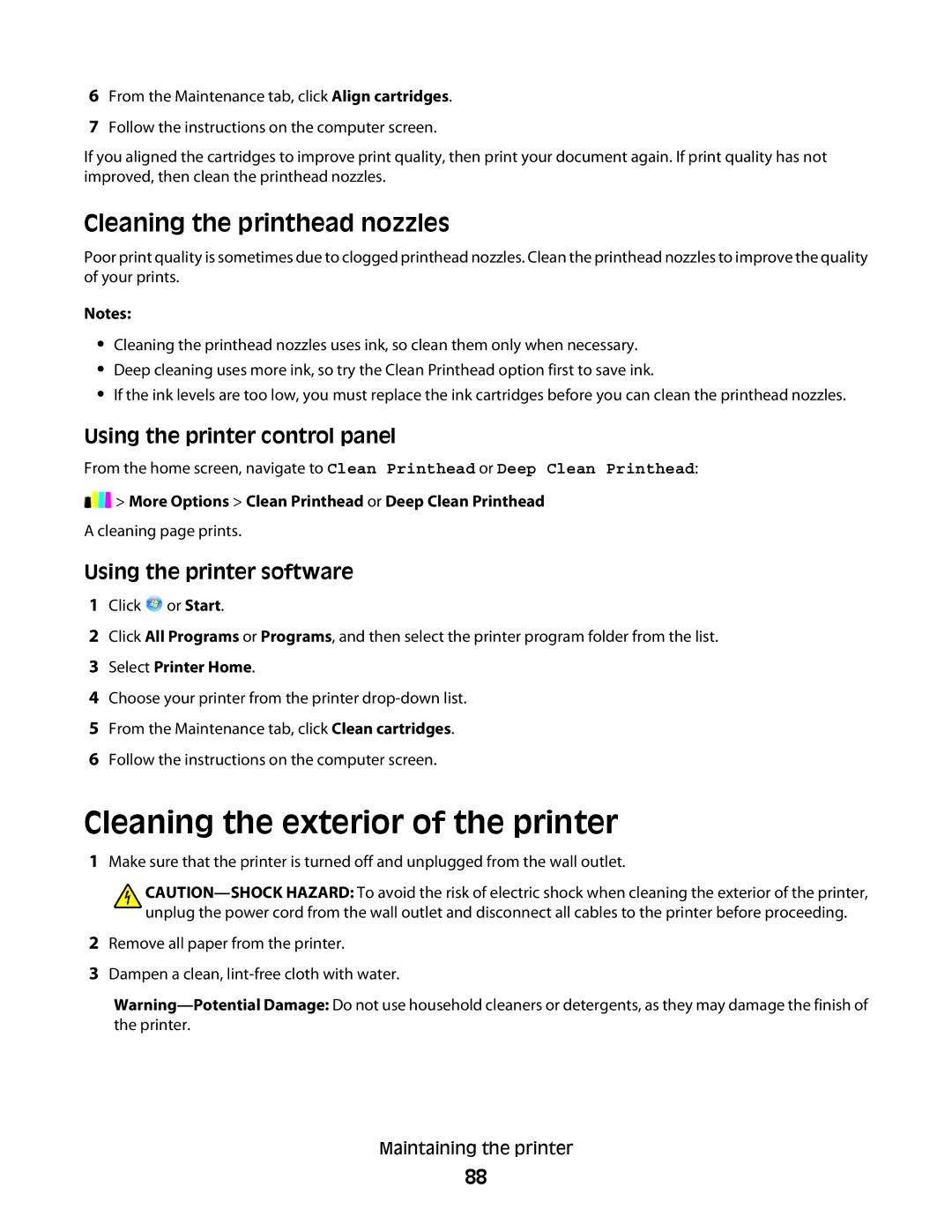 Dell P713w manual Cleaning the exterior of the printer, Cleaning the printhead nozzles 