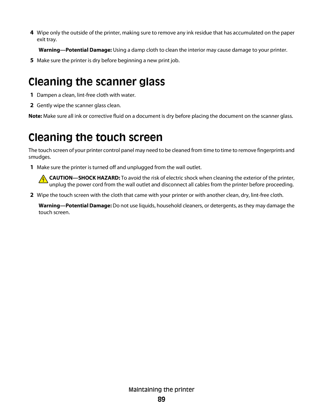 Dell P713w manual Cleaning the scanner glass, Cleaning the touch screen 