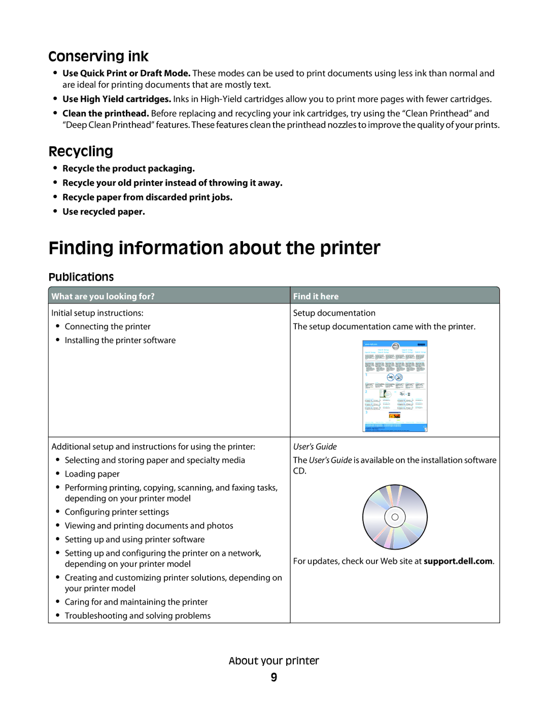 Dell P713w manual Finding information about the printer, Conserving ink, Recycling 