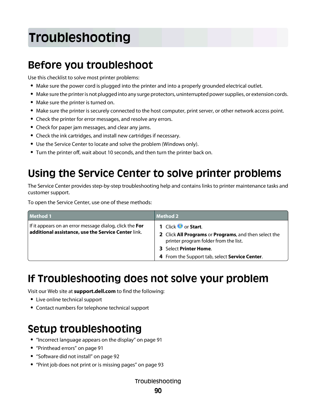 Dell P713w manual Troubleshooting, Before you troubleshoot, Using the Service Center to solve printer problems 