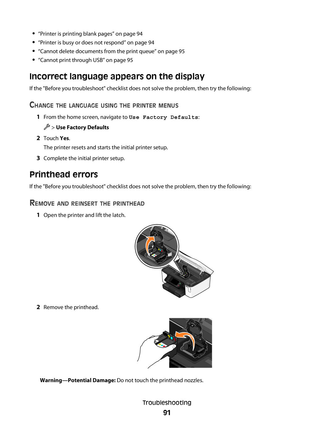 Dell P713w manual Incorrect language appears on the display, Printhead errors, Change the Language Using the Printer Menus 