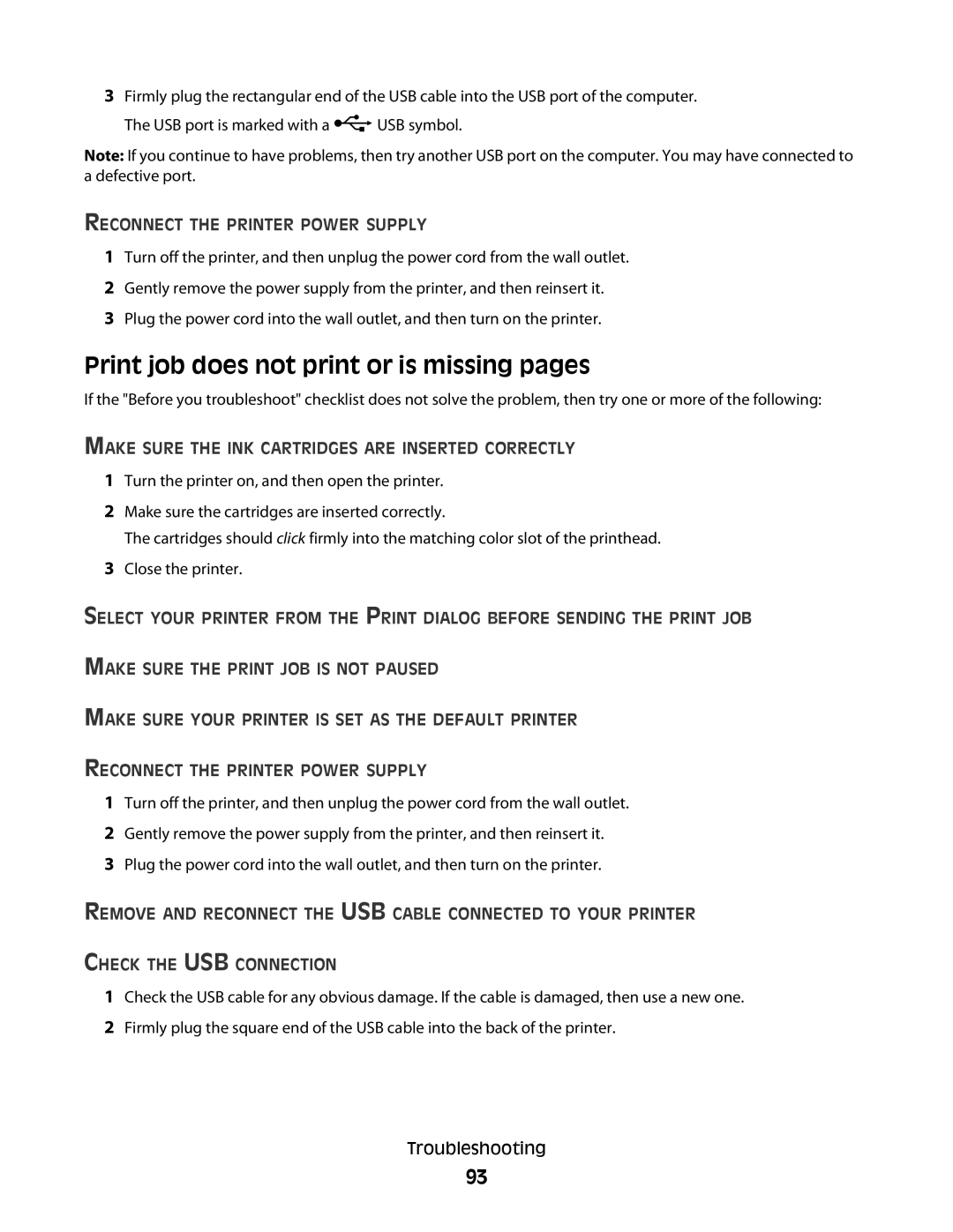 Dell P713w manual Print job does not print or is missing pages, Reconnect the Printer Power Supply 