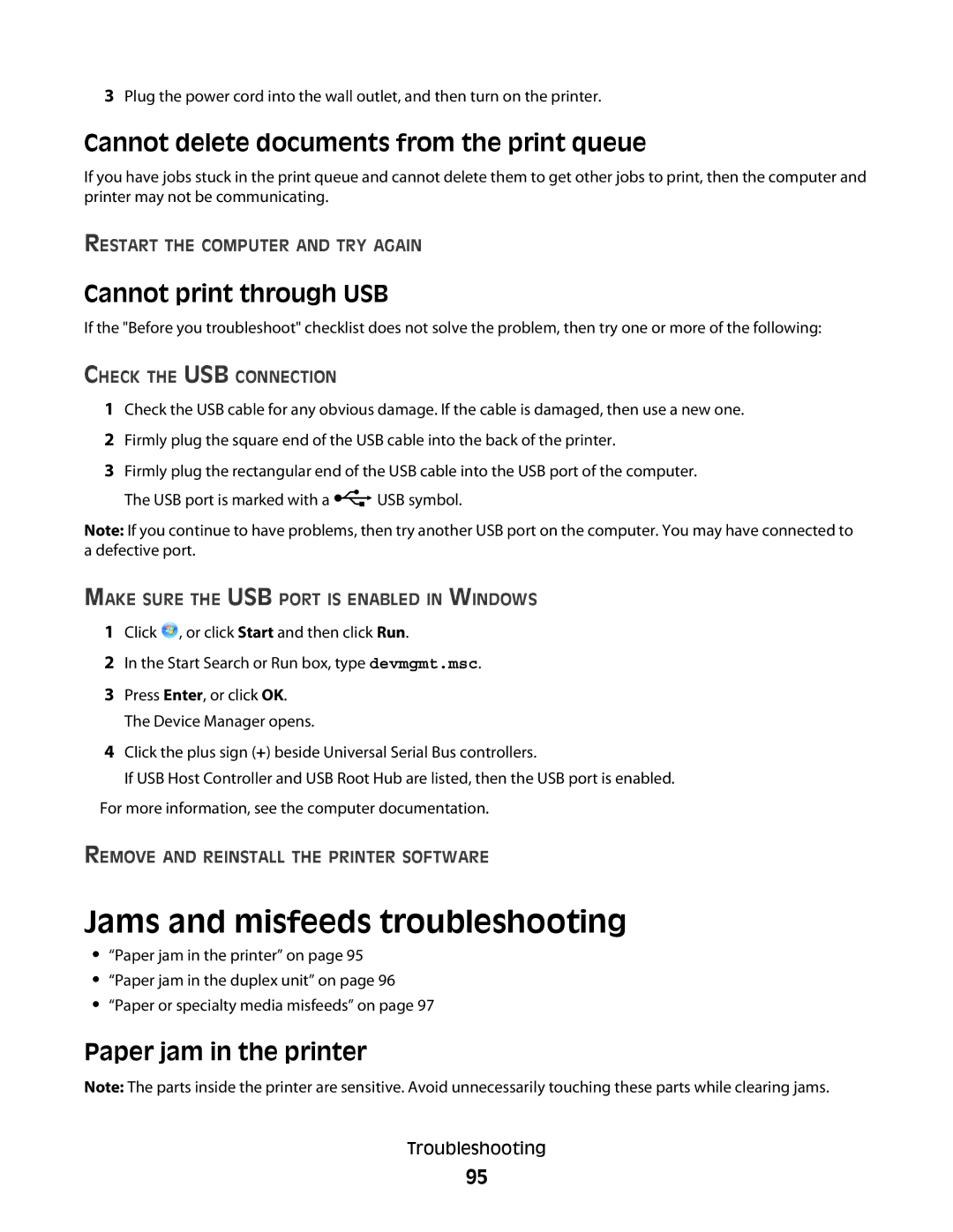 Dell P713w manual Jams and misfeeds troubleshooting, Cannot delete documents from the print queue, Cannot print through USB 