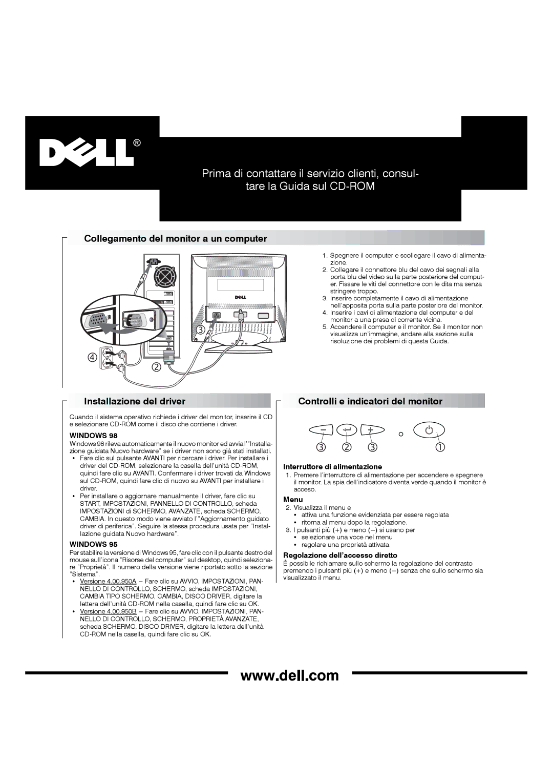 Dell P790 manual Collegamento del monitor a un computer, Installazione del driver, Controlli e indicatori del monitor 