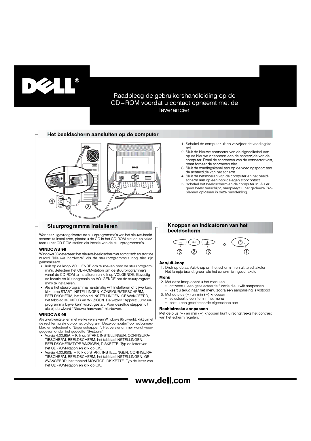 Dell P790 Het beeldscherm aansluiten op de computer, Stuurprogramma installeren, Aan/uit-knop, Rechtstreeks aanpassen 