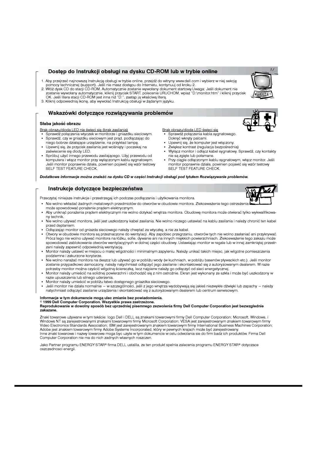 Dell P790 manual Wskazówki dotyczące rozwiązywania problemów, Instrukcje dotyczące bezpieczeĹstwa, Słaba jakość obrazu 